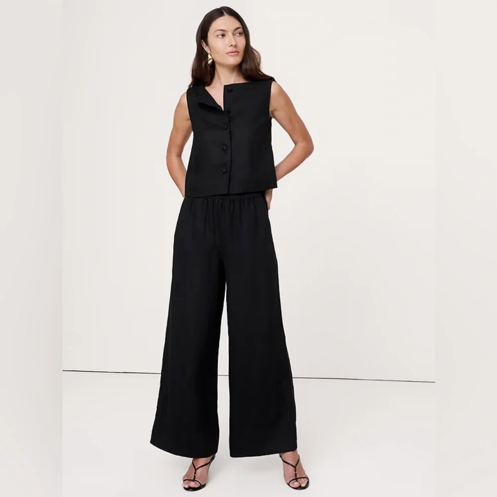 NWT! Banana Republic Black High-Rise Wide-Leg Linen Pull-On Ankle Pant - 🩷901561
